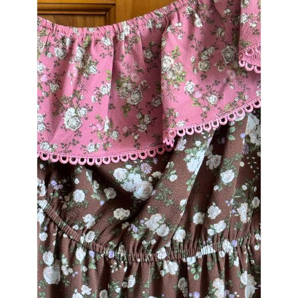 Bar III Raspberry Brown Floral Asymmetrical Ruffle Dress, Size Small, NWT SMALL - Picture 4 of 6